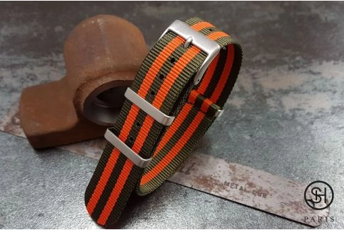 Bracelet montre NATO nylon SELECT-HEURE James Bond Olive Orange, boucles carrées acier inox brossé