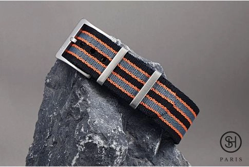 Bracelet NATO SELECT-HEURE Allure, modèle James Bond Noir Gris Orange, nylon épais et boucle haut de gamme
