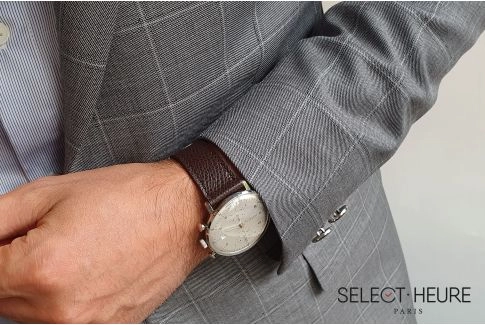 Bracelet montre Veau Grainé SELECT-HEURE Marron foncé coutures ton sur ton, fait main en France, cuir français