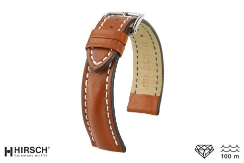 Bracelet montre HIRSCH Heavy Calf, cuir Marron Or surpiqué blanc (étanche)