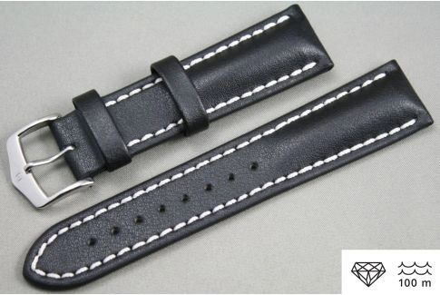 Bracelet montre HIRSCH Heavy Calf, cuir Noir surpiqué blanc (étanche)