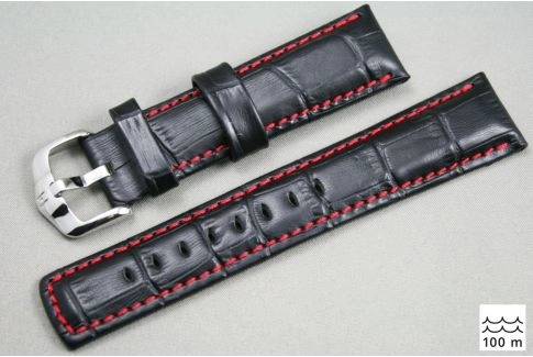 Bracelet montre HIRSCH Grand Duke, cuir Noir surpiqué Rouge (étanche)