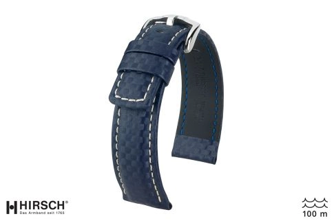 Bracelet montre HIRSCH Carbon, cuir Bleu couture Blanche (étanche)