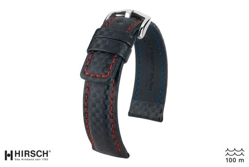 Black Red topstitching Carbon HIRSCH watch bracelet (waterproof)