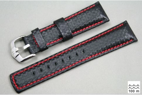 Bracelet montre HIRSCH Carbon, cuir Noir couture Rouge (étanche)