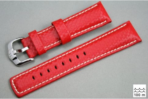 Red White topstitching Carbon HIRSCH watch bracelet (waterproof)