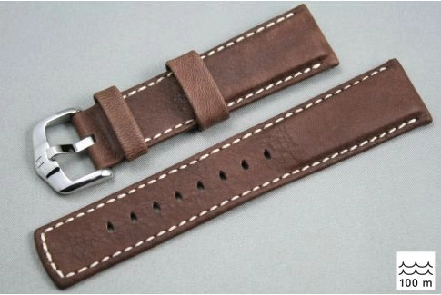 Bracelet montre HIRSCH Mariner cuir Marron couture Blanche (étanche)