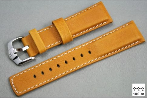 Bracelet montre HIRSCH Mariner cuir Marron Miel couture Blanche (étanche)