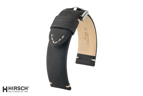 Bracelet montre cuir HIRSCH Ranger noir, style vintage (coutures minimales)