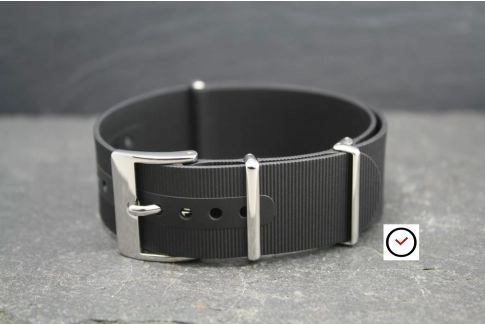 Black rubber NATO watch strap, polished buckle and loops