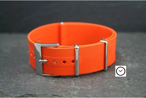 Orange rubber NATO watch strap, polished buckle and loops