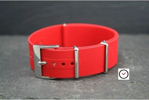 Red rubber NATO watch strap, polished buckle and loops