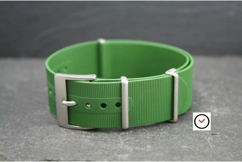 Kaki (Military / Army Green) rubber NATO watch strap, brushed buckle and loops