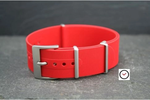 Red rubber NATO watch strap, brushed buckle and loops