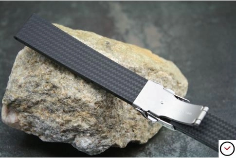 Raw/Carbon Black reversible natural rubber watch strap, stainless steel safety deployment clasp