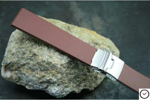Brown reversible natural rubber watch strap, stainless steel safety deployment clasp