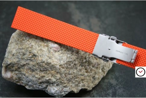 Orange reversible natural rubber watch strap, stainless steel safety deployment clasp