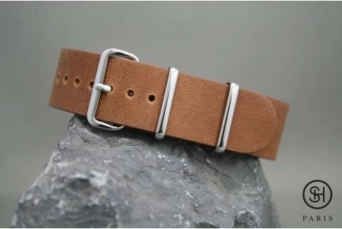 Gold Brown SELECT-HEURE leather NATO watch strap, polished stainless steel buckle
