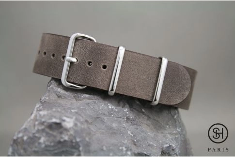 Bracelet montre NATO cuir SELECT-HEURE Marron foncé, boucle acier inox poli