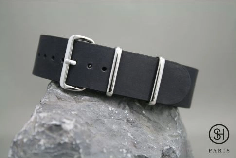 Mat Black SELECT-HEURE leather NATO watch strap, polished stainless steel buckle