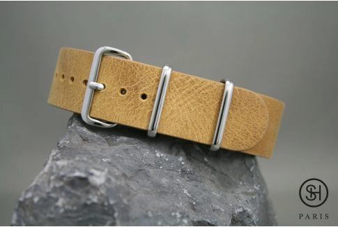 Bracelet montre NATO cuir SELECT-HEURE Miel, boucle acier inox poli