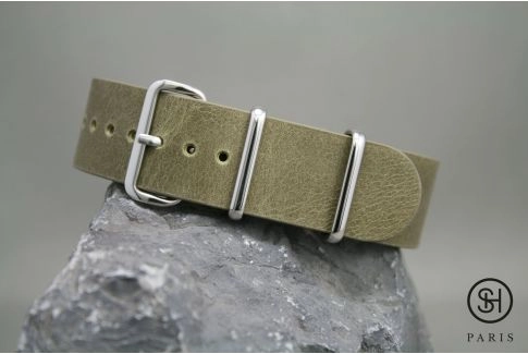 Olive Green SELECT-HEURE leather NATO watch strap, polished stainless steel buckle