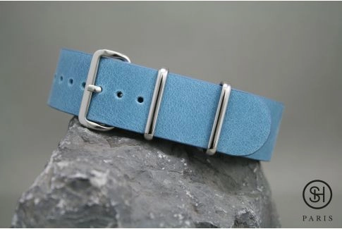 Bracelet montre NATO cuir SELECT-HEURE Bleu Pastel, boucle acier inox poli