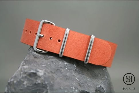 Bracelet montre NATO cuir SELECT-HEURE Orange Tangerine, boucle acier inox poli