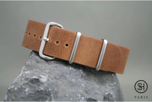 Gold Brown SELECT-HEURE leather NATO watch strap, brushed stainless steel buckle