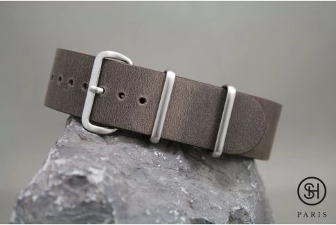 Bracelet montre NATO cuir SELECT-HEURE Marron foncé, boucle acier inox brossé