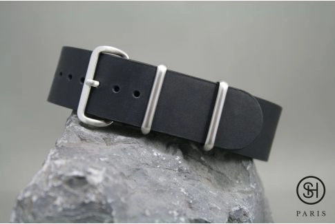 Bracelet montre NATO cuir SELECT-HEURE Noir mat, boucle acier inox brossé