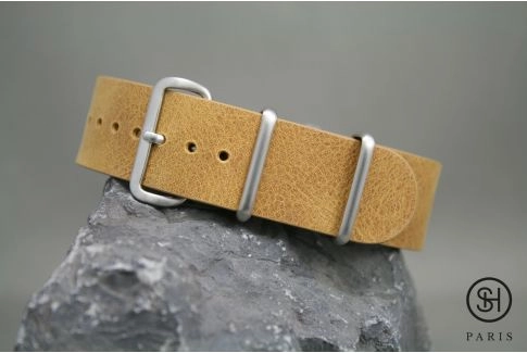 Bracelet montre NATO cuir SELECT-HEURE Miel, boucle acier inox brossé