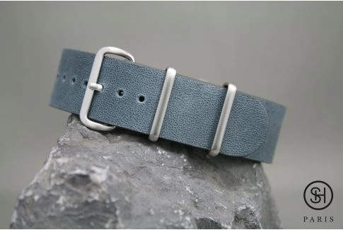 Bracelet montre NATO cuir SELECT-HEURE Gris Bleu, boucle acier inox brossé