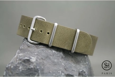 Olive Green SELECT-HEURE leather NATO watch strap, brushed stainless steel buckle