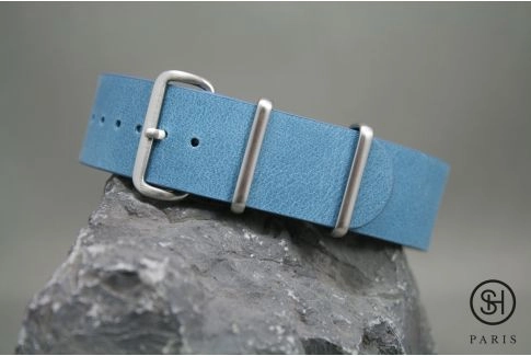 Bracelet montre NATO cuir SELECT-HEURE Bleu Pastel, boucle acier inox brossé