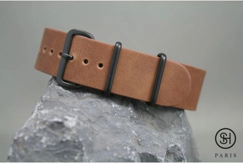 Gold Brown SELECT-HEURE leather NATO watch strap, black PVD stainless steel buckle