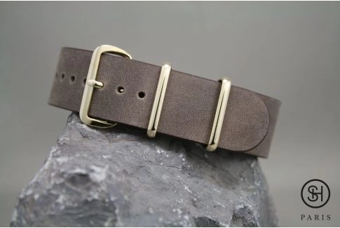 Bracelet montre NATO cuir SELECT-HEURE Marron foncé, boucle or (dorées)