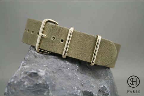 Olive Green SELECT-HEURE leather NATO watch strap, gold stainless steel buckle