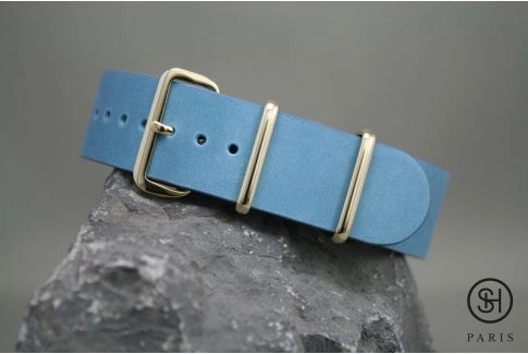 Pastel Blue SELECT-HEURE leather NATO watch strap, gold stainless steel buckle