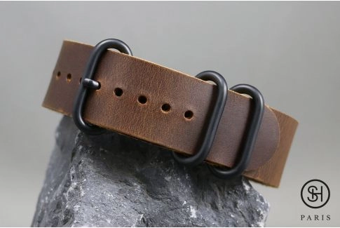 Brown SELECT-HEURE NATO ZULU leather watch strap, PVD buckles (black)