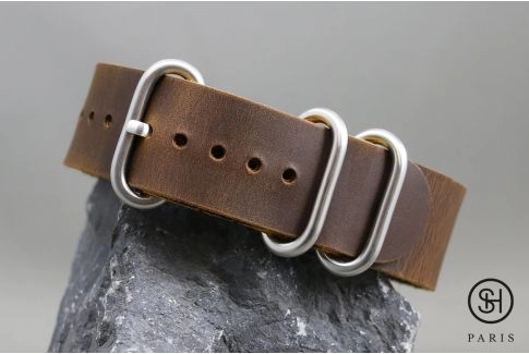 Brown SELECT-HEURE NATO ZULU leather watch strap, brushed stainless steel buckles