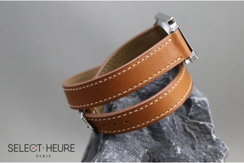 Bracelet montre cuir Double Tour SELECT-HEURE Marron Gold pour femmes, veau haut de gamme, pompes rapides (interchangeable)