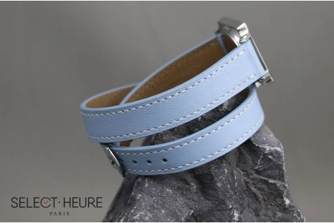 Bracelet montre cuir Double Tour SELECT-HEURE Bleu Clair pour femmes, pompes rapides (interchangeable)