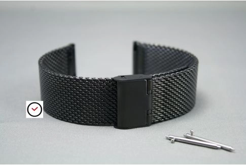 Bracelet montre MESH (maille milanaise) Noir interchangeable avec pompes rapides à ergots (barrettes presto, flash)